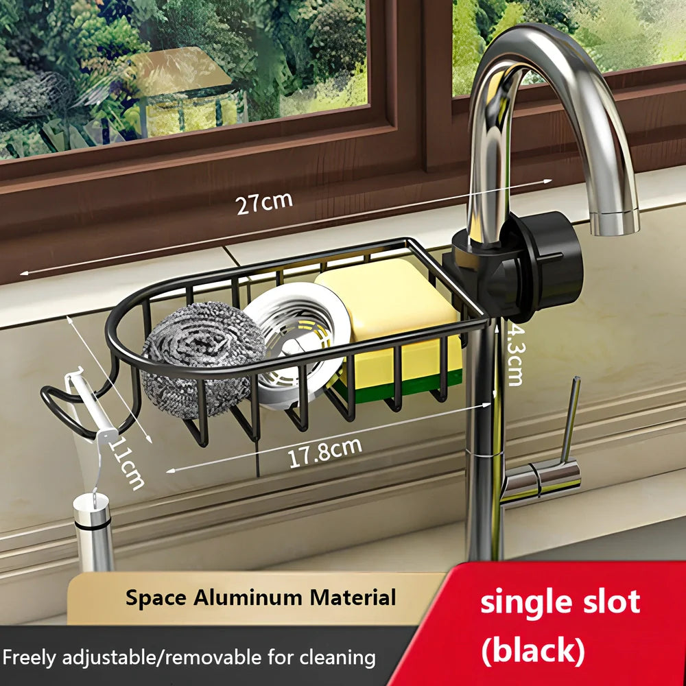 Silver aluminium kitchen storage rack with two tiers and towel rail for utensil organisation