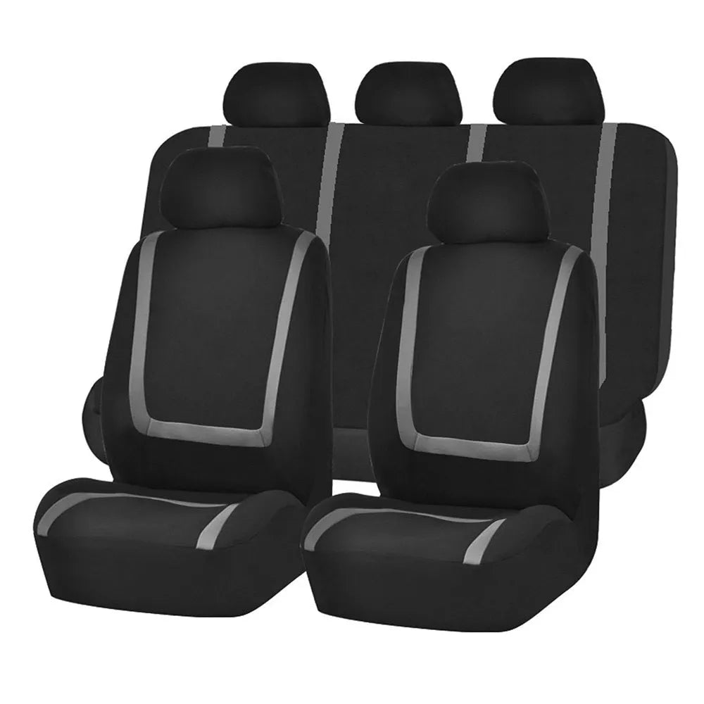 Fully enclosed fabric car seat cover set showing front and rear seat protection in a beige and black colour combination.
