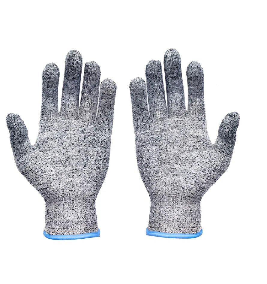 Grey cut-resistant gloves with stainless steel wire construction and adjustable belt closure