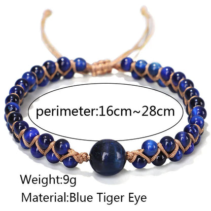 Handmade geometric pull bracelet woven from blue tigereye stone beads on a wrist.