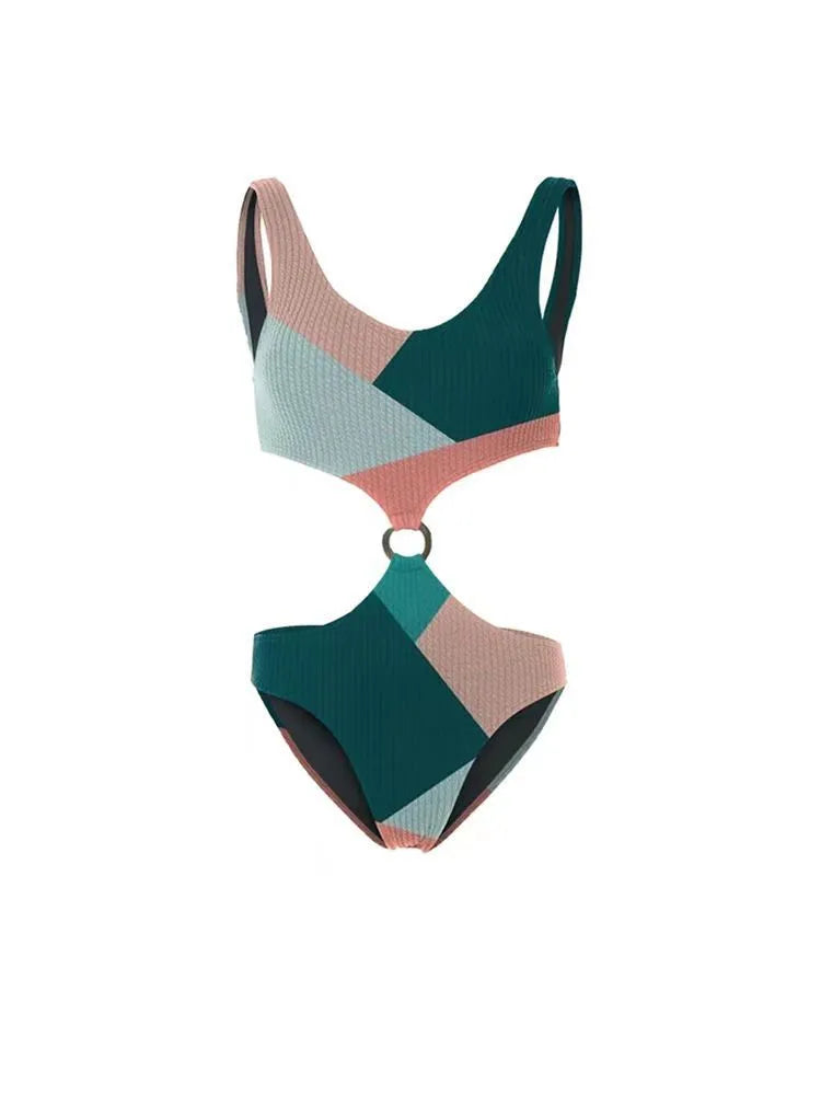 Two-piece contrast colour bikini set with mesh gauze skirt for swimming