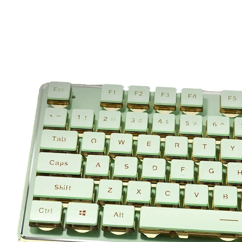 Prewalker V3 retro green mechanical feel keyboard and mouse set on a desk.