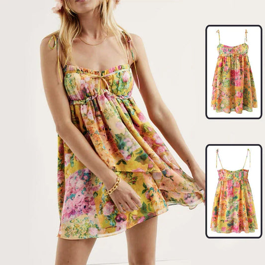 Elegant floral suspender dress with adjustable straps and A-line silhouette, perfect for summer fashion