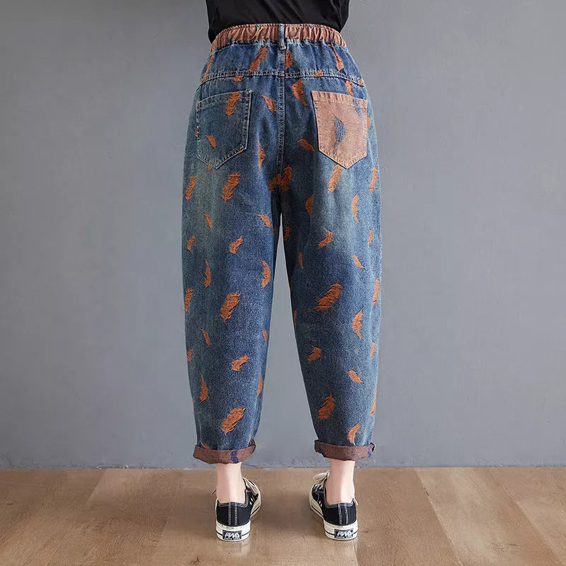 Women's loose slim casual jeans in classic blue, sizes M to 3XL