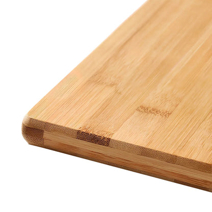 Bamboo cutting board with curved handle showing natural wood grain, rectangular shape with four size options