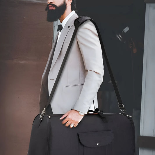 Dark blue folding duffel bag with carrying handles, shown open to display main compartment.