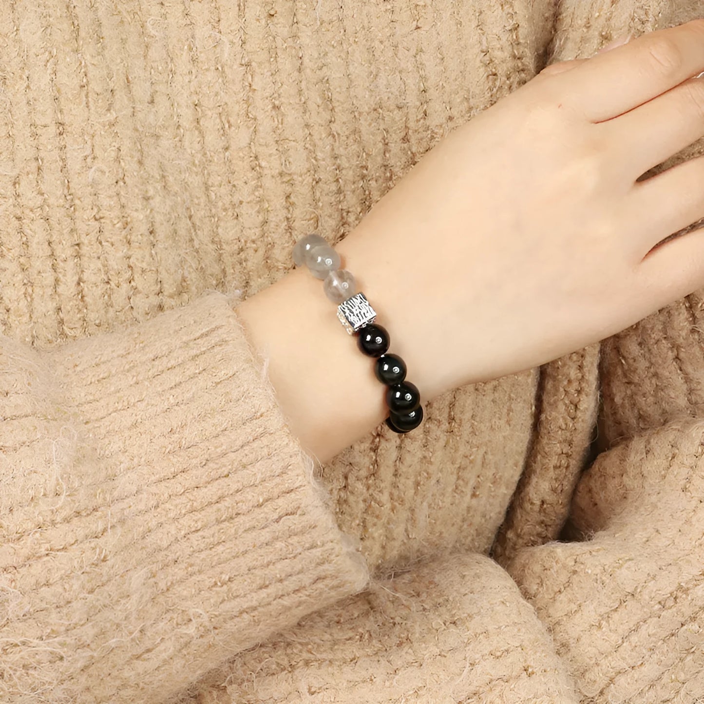 10mm khaki crystal couple bracelet with Chinese geometric design and polished finish