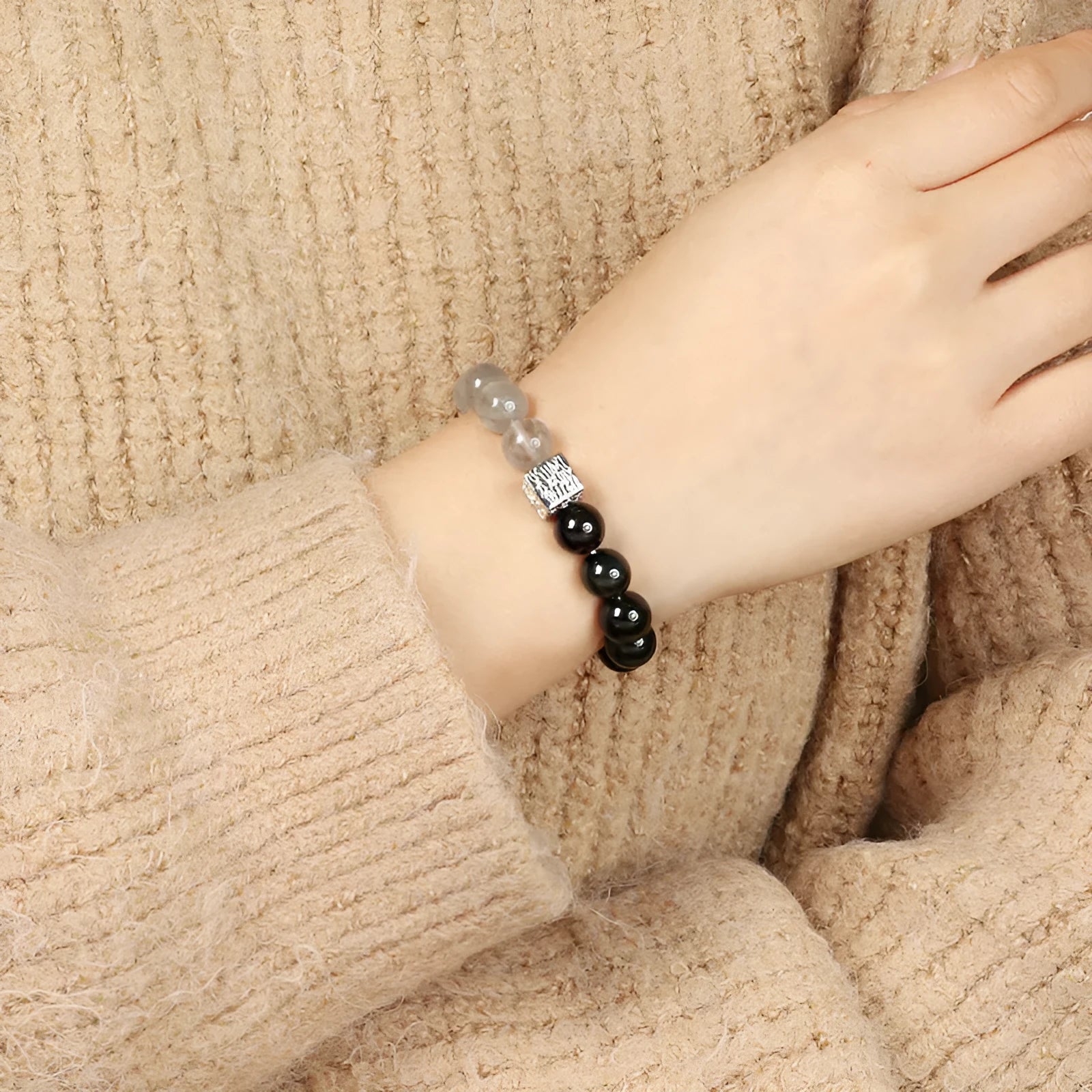 10mm khaki crystal couple bracelet with Chinese geometric design and polished finish