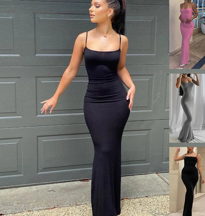 Women's slim bodycon spaghetti strap long dress in various colors