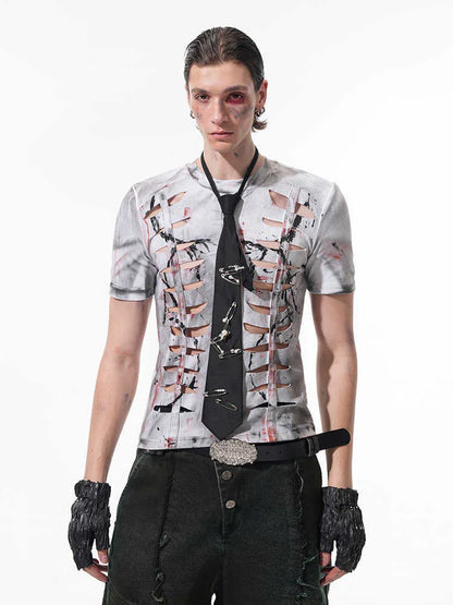Men's white cotton T-shirt with hollow-out design on front, short sleeves, round neck collar