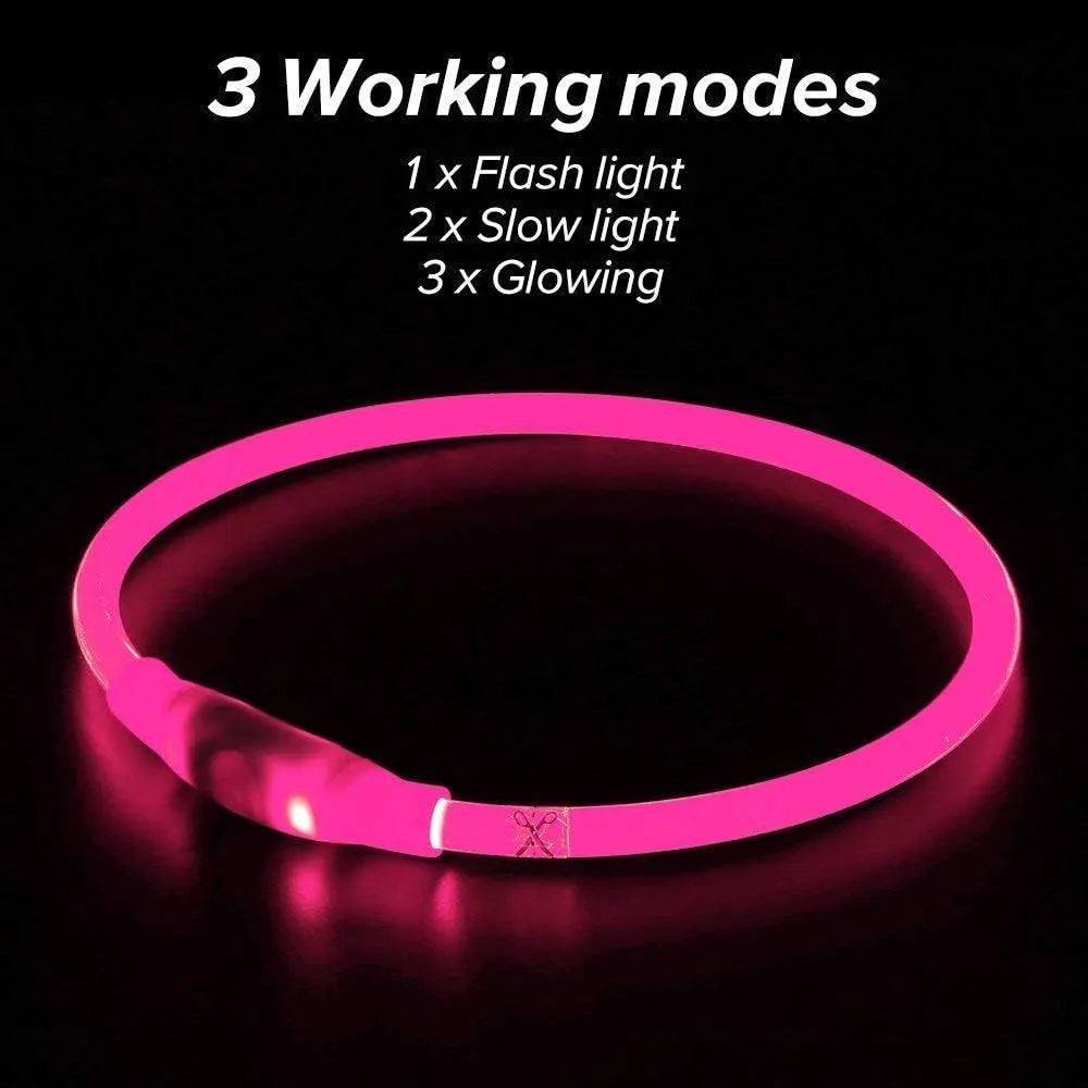 USB-rechargeable LED dog collar with blue glow, adjustable 70cm length, and three flash modes for pet safety.