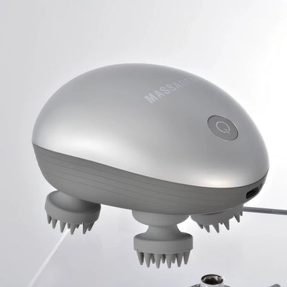 Automatic scalp massager with 8 blue silicone heads arranged in circular pattern on white background