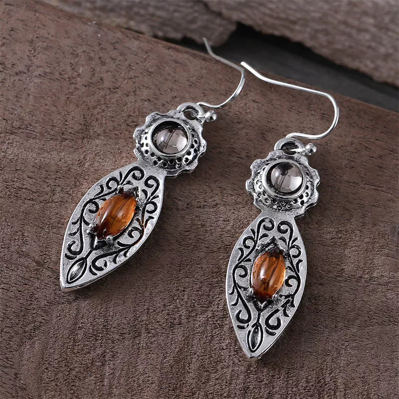 European and American retro pattern two-tone gemstone earrings in ancient silver