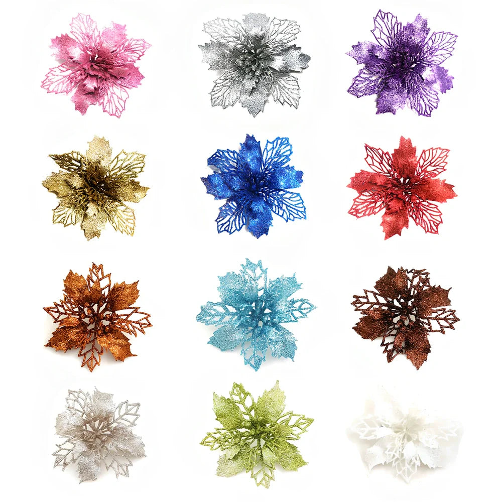 Glitter artificial Christmas flowers measuring 11cm with sparkling coating in various colour options