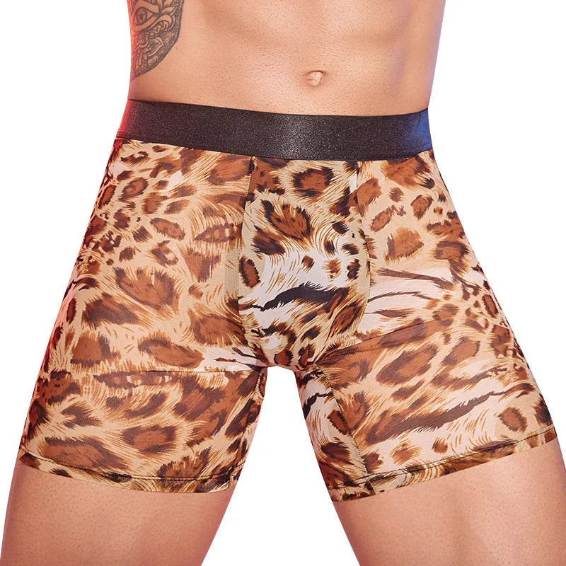 Men's leopard print boxer shorts free size nylon underwear with elastic waistband