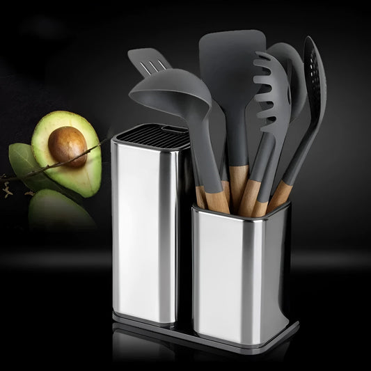 Black and white kitchen knife storage rack with detachable bottom and utensil compartments