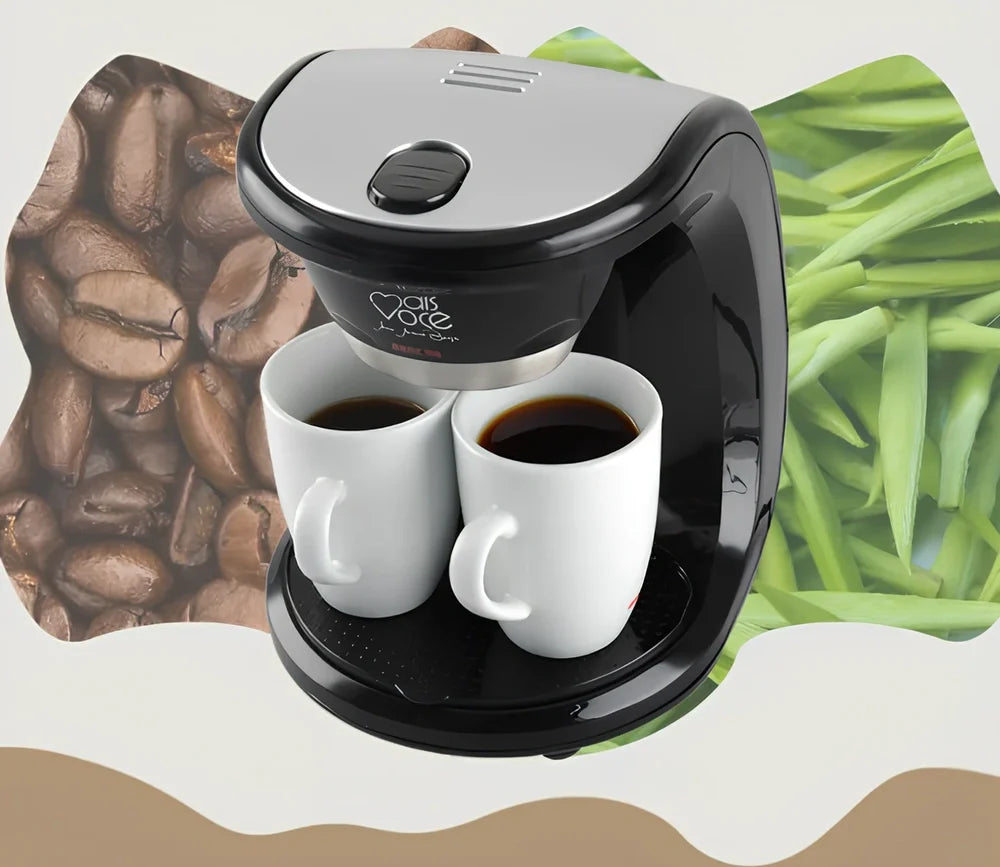 Automatic American coffee machine in black brewing two cups simultaneously with included 180ml ceramic cups and 5g spoon