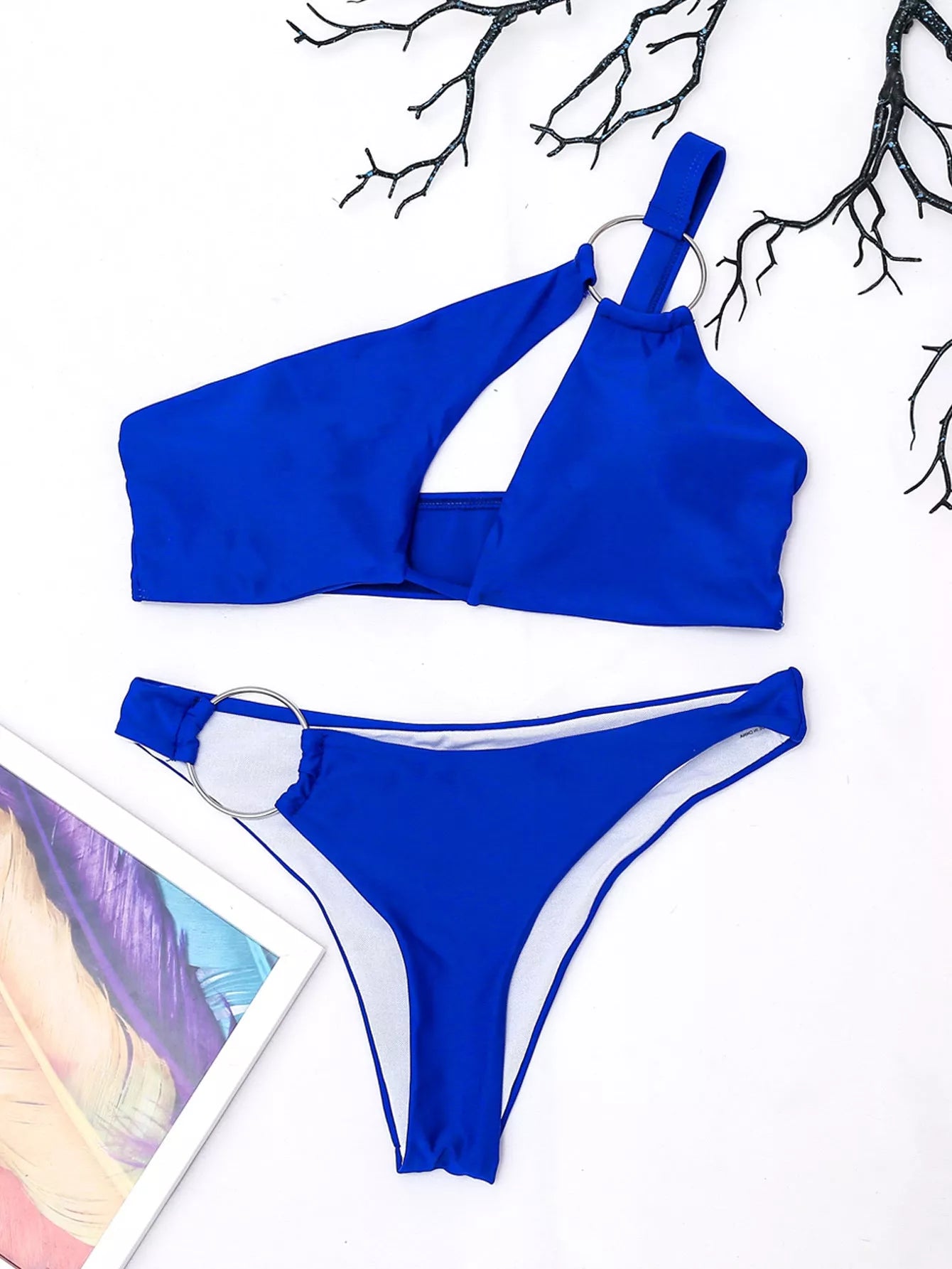Royal blue one shoulder bikini with ring detail, made from quick-drying nylon