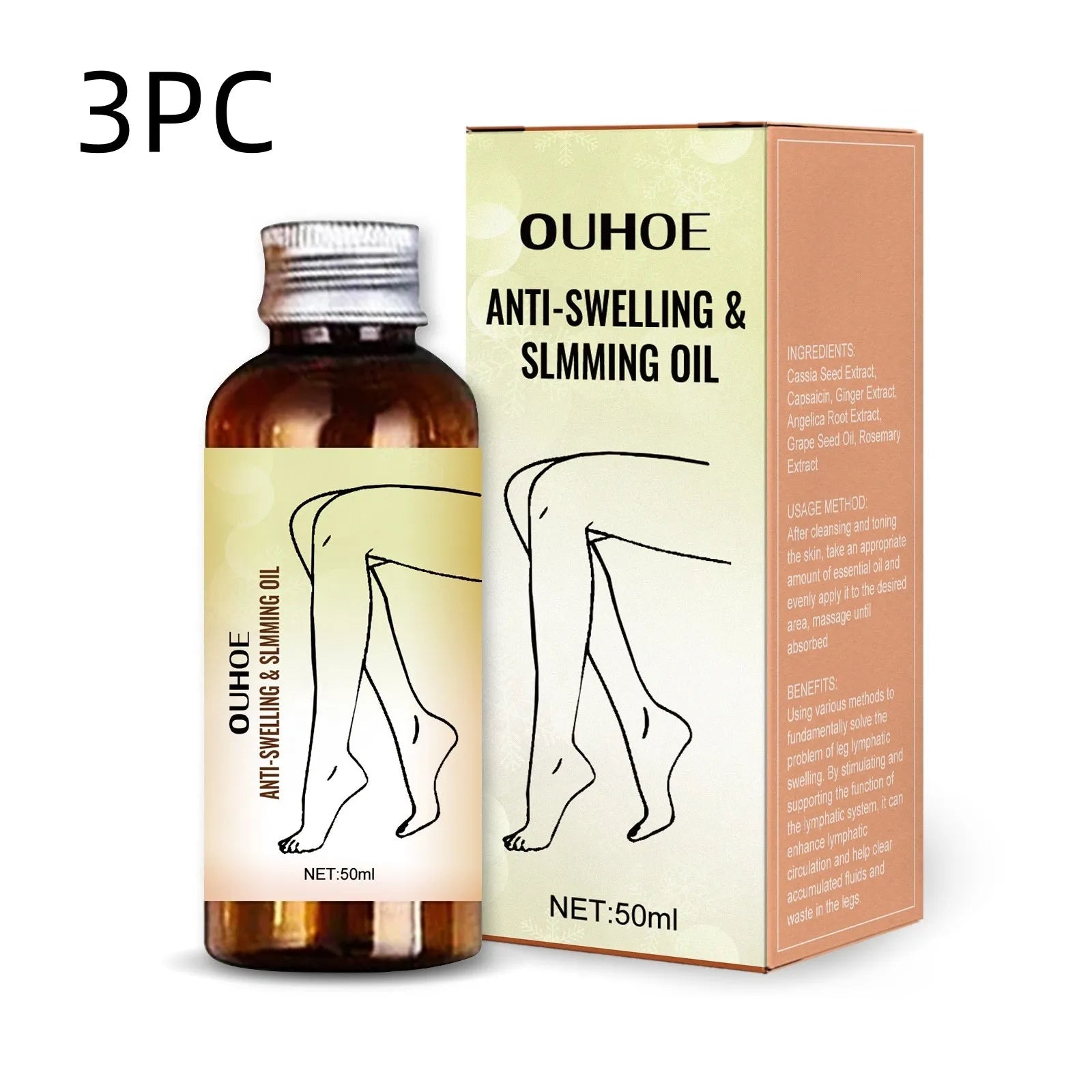 50ml bottle of leg massage essential oil with six botanical extracts for moisturizing body care