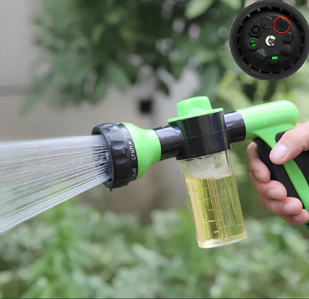 Green plastic household foam high pressure car wash water gun, 22x19x6cm size with adjustable nozzle for foam spraying