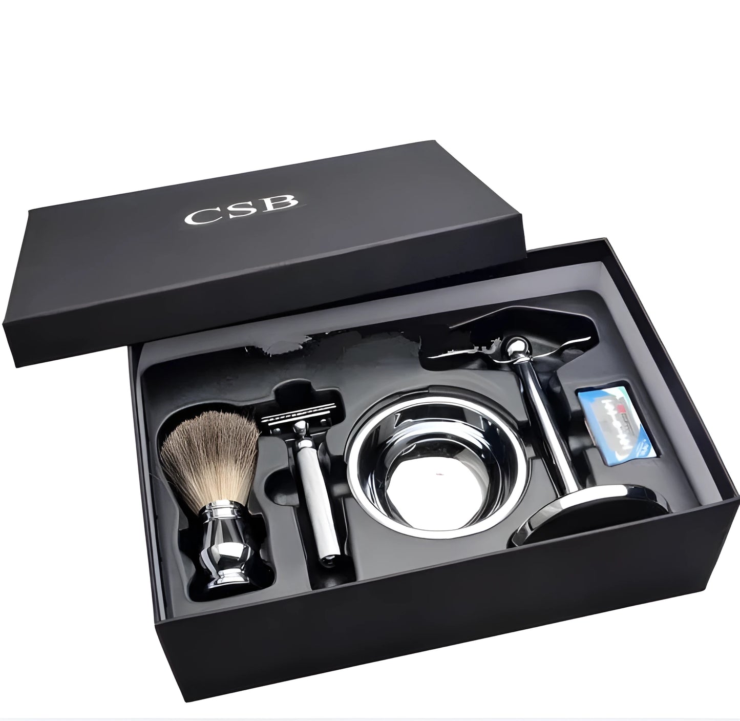 Traditional men's shaving set with badger hair brush, double edge razor, chrome stand and soap bowl