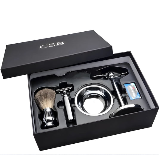 Traditional men's shaving set with badger hair brush, double edge razor, chrome stand and soap bowl