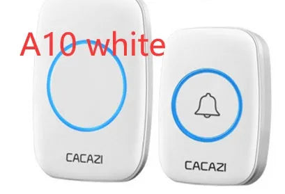 White wireless doorbell kit with plug-in chime and battery-powered button on a wooden door