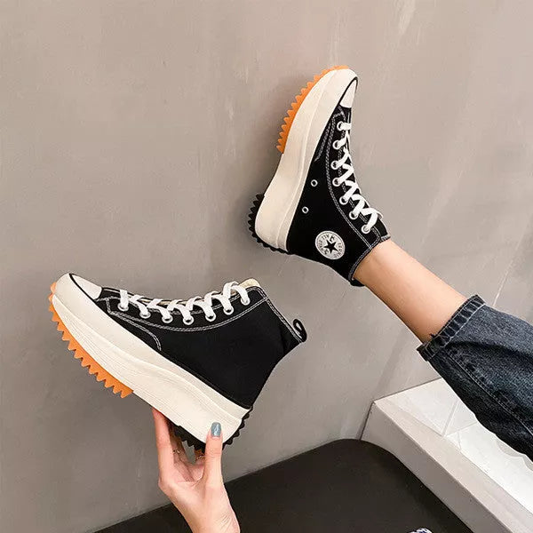 Women's white and black thick-soled canvas casual shoes with breathable design for summer
