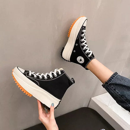 Women's white and black thick-soled canvas casual shoes with breathable design for summer