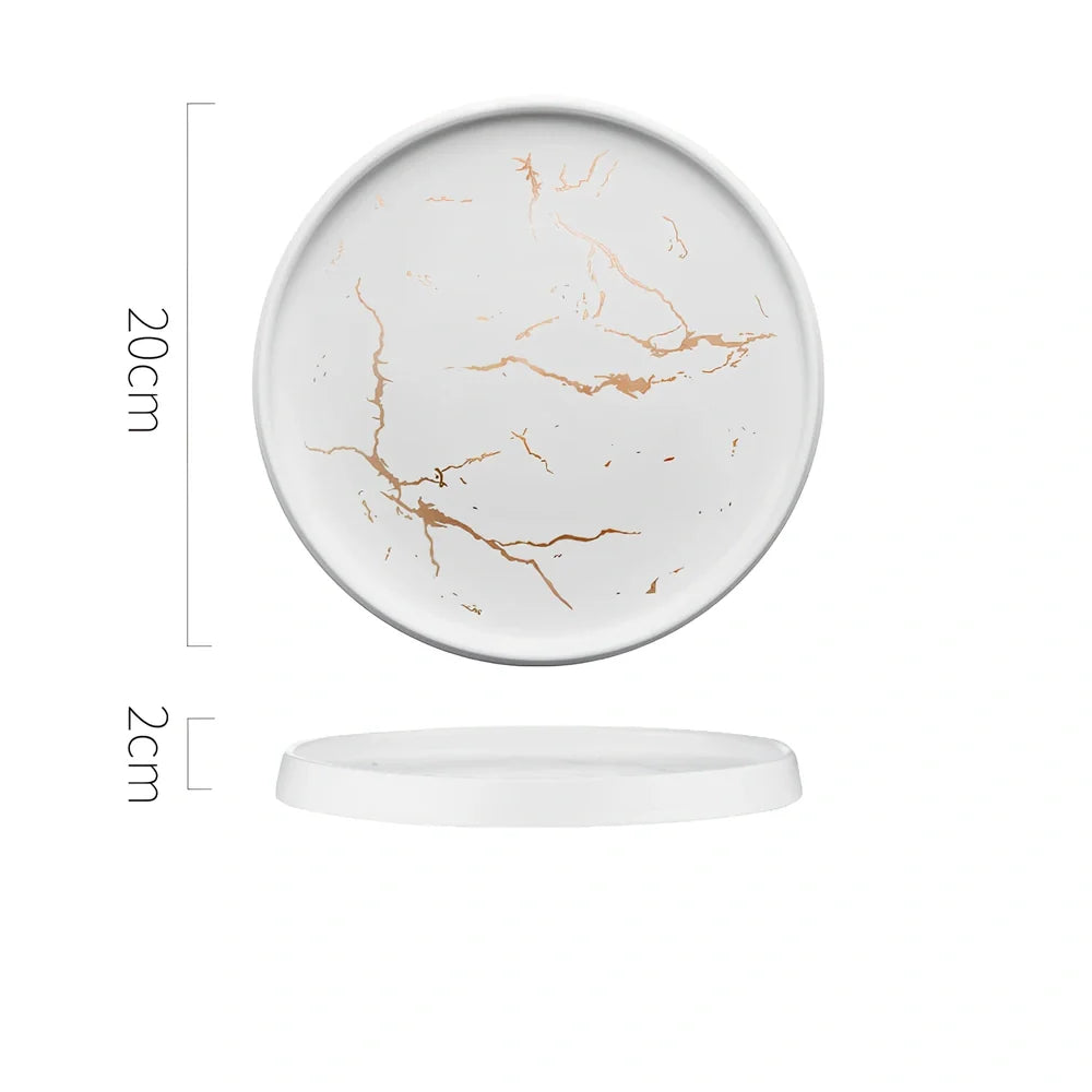 24.7cm Nordic style porcelain plate in white marble pattern, underglaze finish for durable household use
