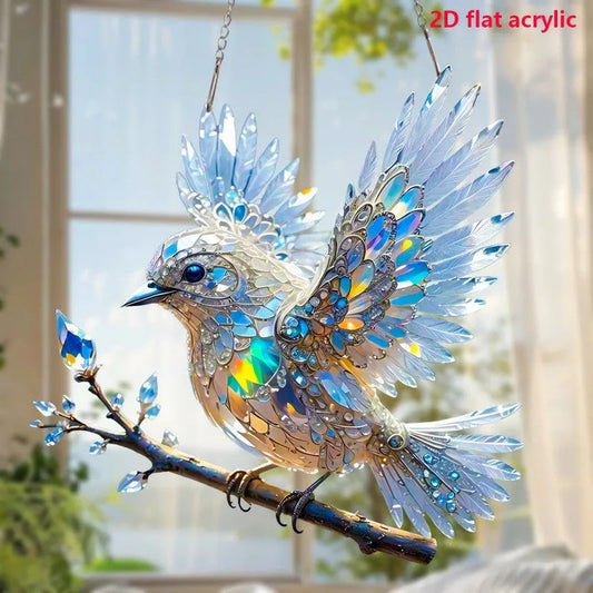 Acrylic bird pendant with UV-printed cartoon design, shown in 15cm and 20cm sizes with cardboard backing options.