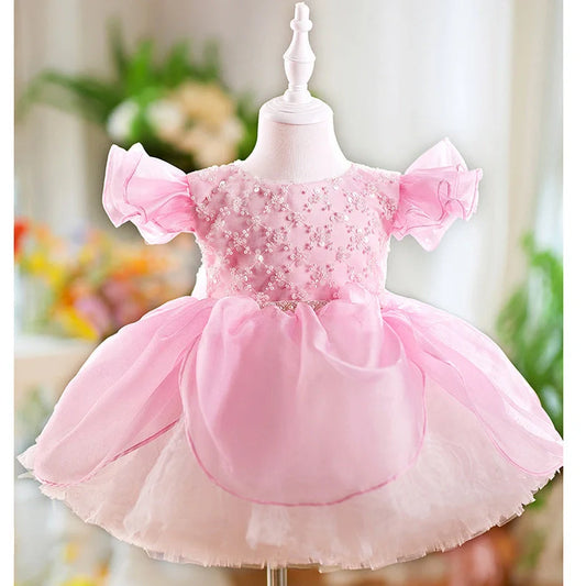Children's pink flounced sleeve pettiskirt dress with princess styling for birthday parties