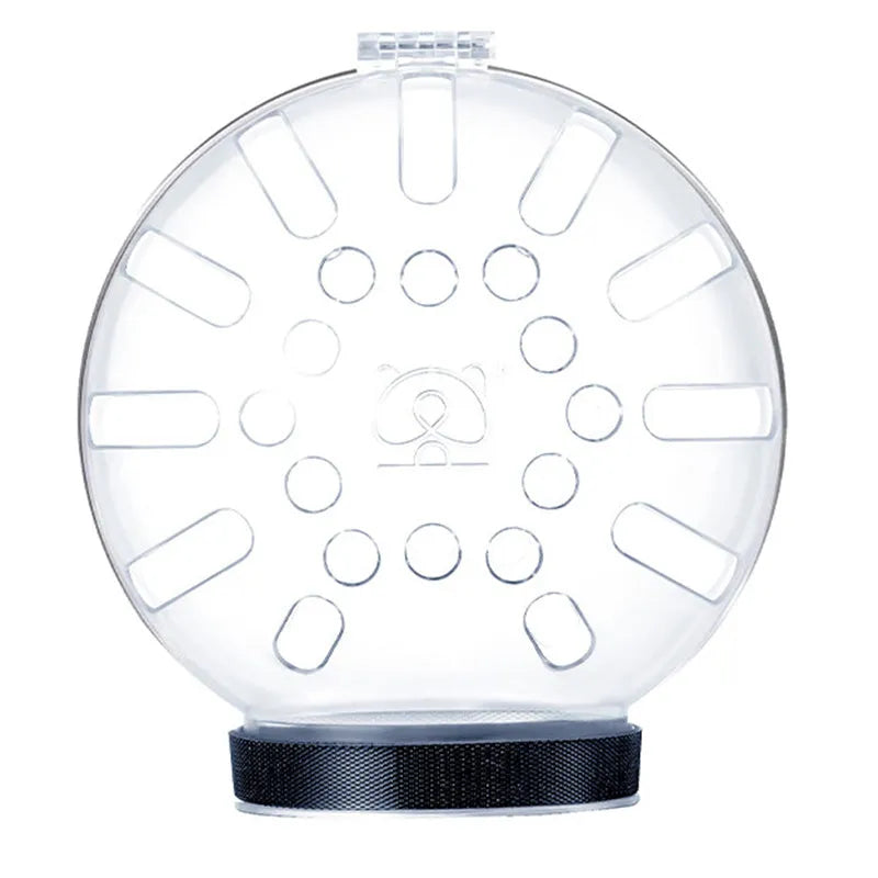 Transparent plastic cat muzzle hood with adjustable Velcro strap shown in three sizes: M, L, and XL.