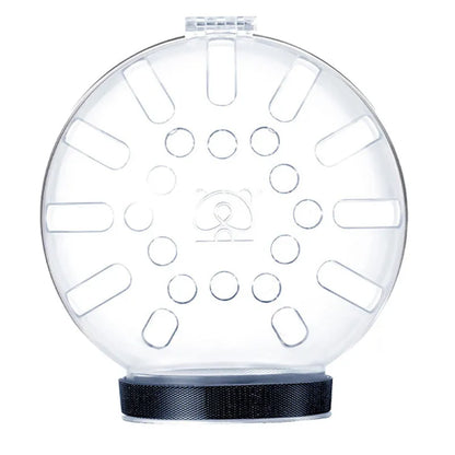 Transparent plastic cat muzzle hood with adjustable Velcro strap shown in three sizes: M, L, and XL.