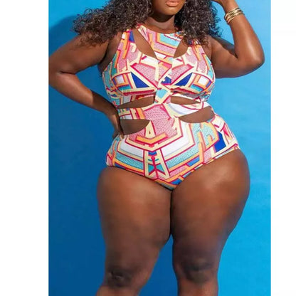 Plus size ethnic print one-piece swimsuit with high elasticity fabric