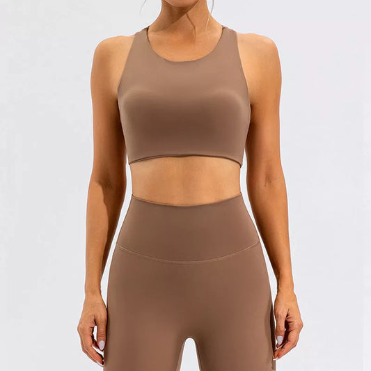 High waist running and yoga tight set in Lycra fabric, available in off-white, black, and dark brown
