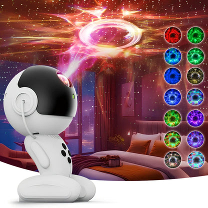 White robot-shaped star light projection lamp with USB cable and remote control on table