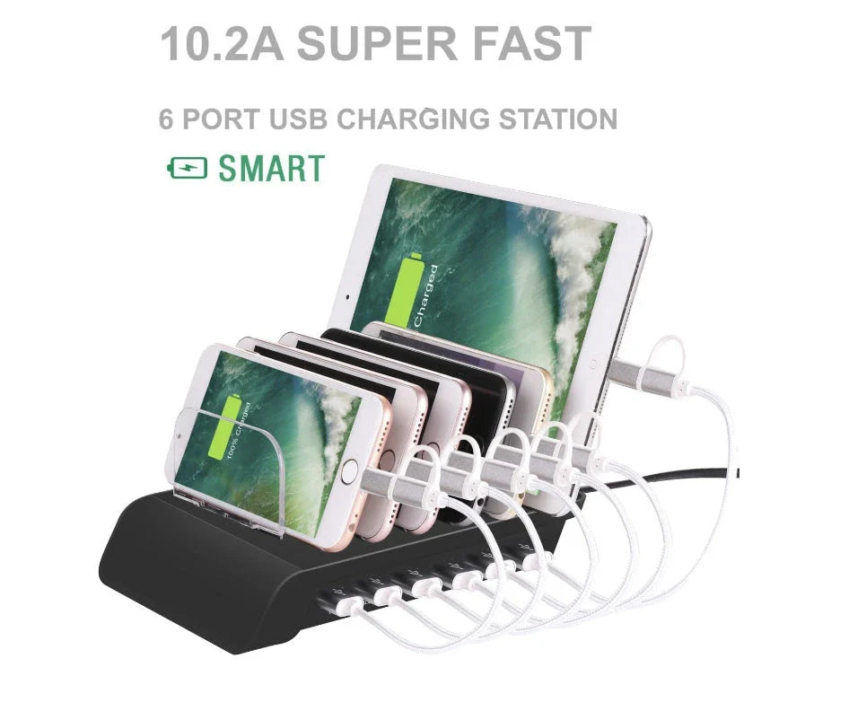 6-port USB charging hub with sleek, space-saving design and intelligent fast charging technology