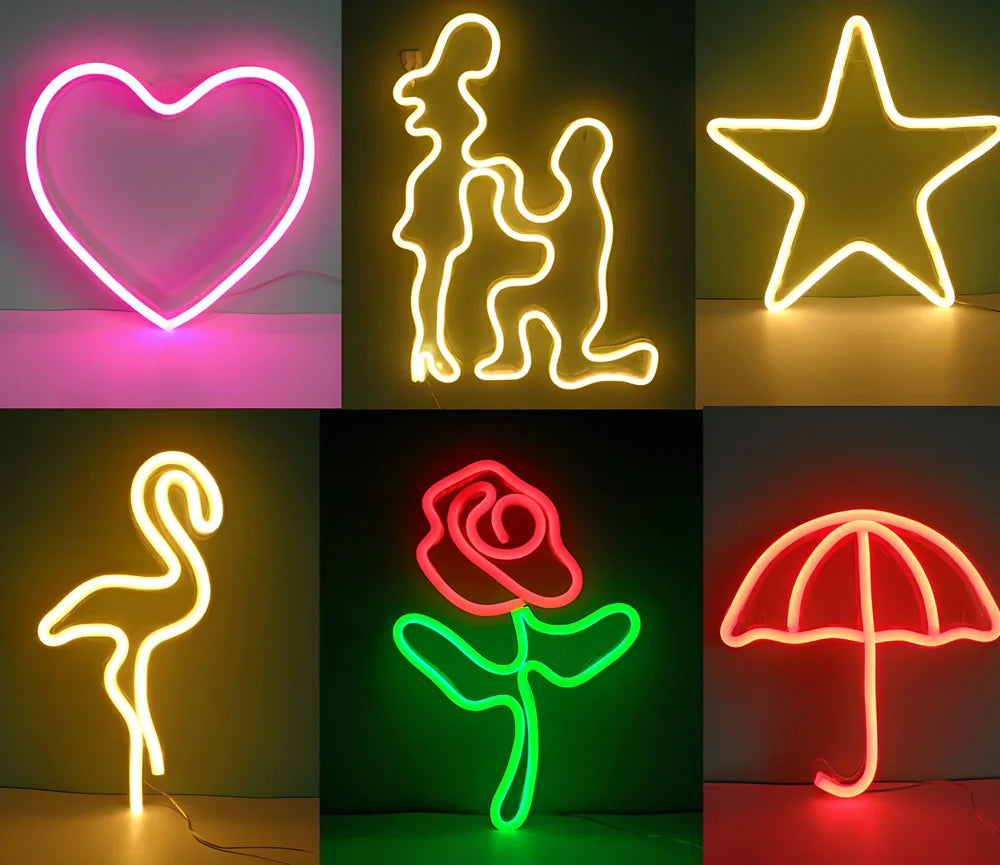 Hanging LED neon wall light in PVC, USB powered, sizes 100-600mm for home decor