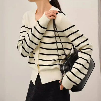 Women's striped knitted sweater jacket with button front in grey, showing regular sleeves and 40cm length
