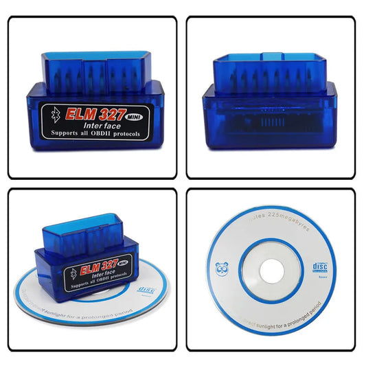 Dual-mode 5.1 Bluetooth auto fault detector on vehicle OBD2 port, compact size 45mm by 25mm by 65mm