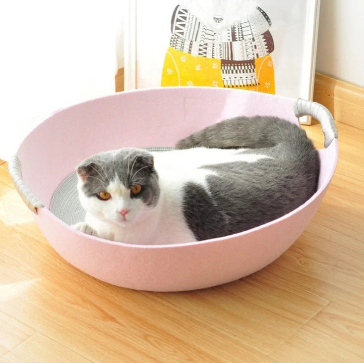 Pet Perch Cat Scratcher Bed House in various colors with zipper design and throw pillow
