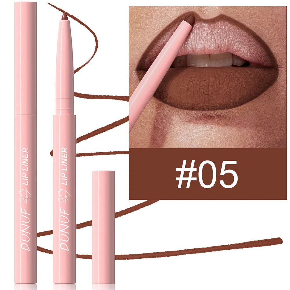 Velvet matte lip liner pencil in one of 12 colours with soft blunt tip for lip definition