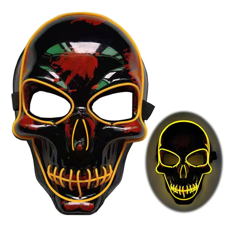Blue LED glow skeleton mask with flashing lights on a person's face