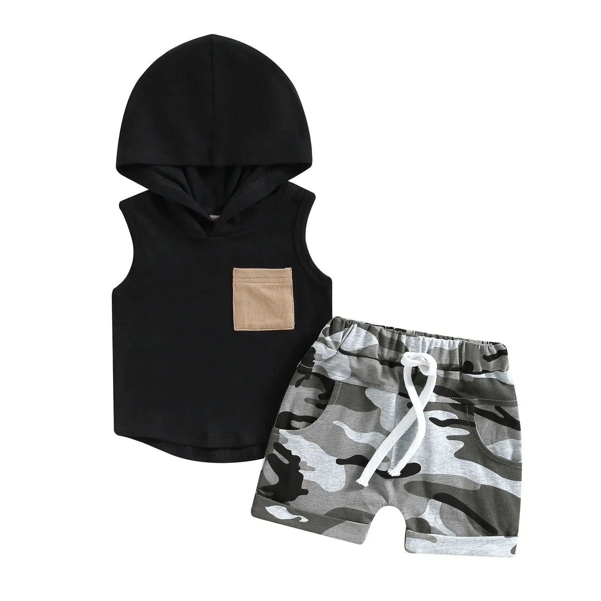 Boys' black hooded vest and shorts set in knitted cotton, sizes 70cm to 110cm, two-piece outfit
