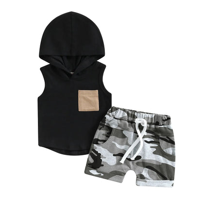 Boys' black hooded vest and shorts set in knitted cotton, sizes 70cm to 110cm, two-piece outfit