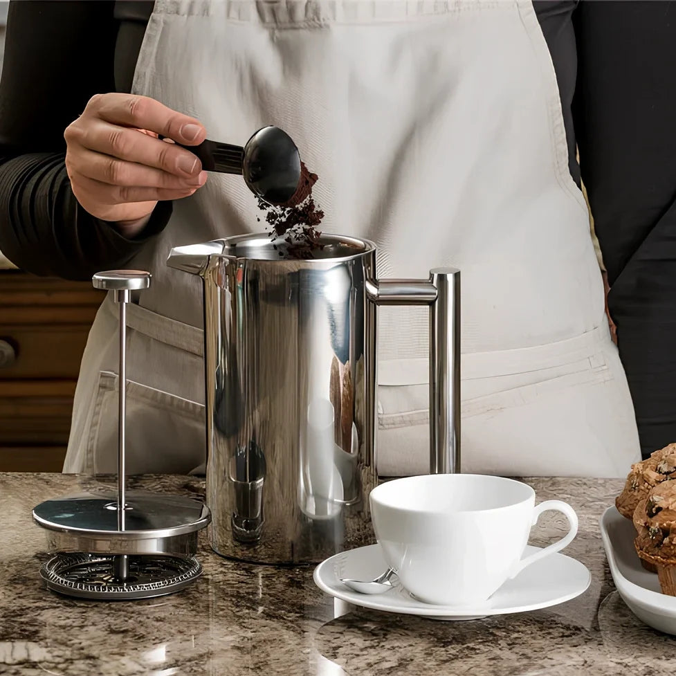 Double stainless steel coffee press with double-layer anti-scald structure and precision filter screen