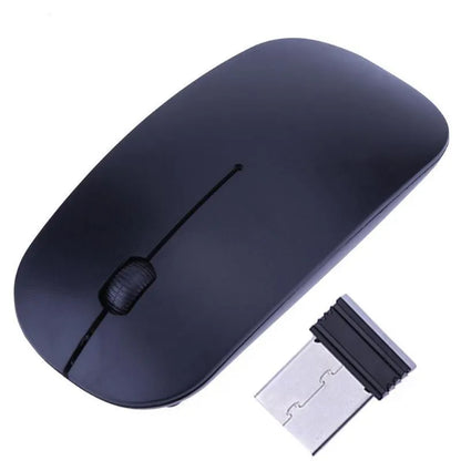 Thin wireless mouse in black, blue, green, pink, purple, red or white, with 10m range and adjustable dpi.