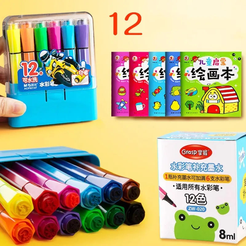 Washable painting brush set, non-toxic safe washable hexagonal rod brush pen set, erasable student art supply set, painting brush set for children, blue pink yellow colour options, 12 18 24 36 brush count options