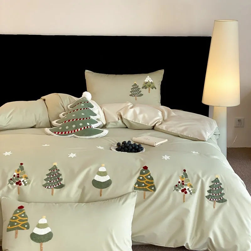 Christmas tree embroidered cotton bedding set with quilt cover, sheet, and pillowcases in cream blue or green green